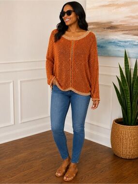 Day & Night Rust Sequin Open Knit Sweater | Gold Trim | Size Large | NWT